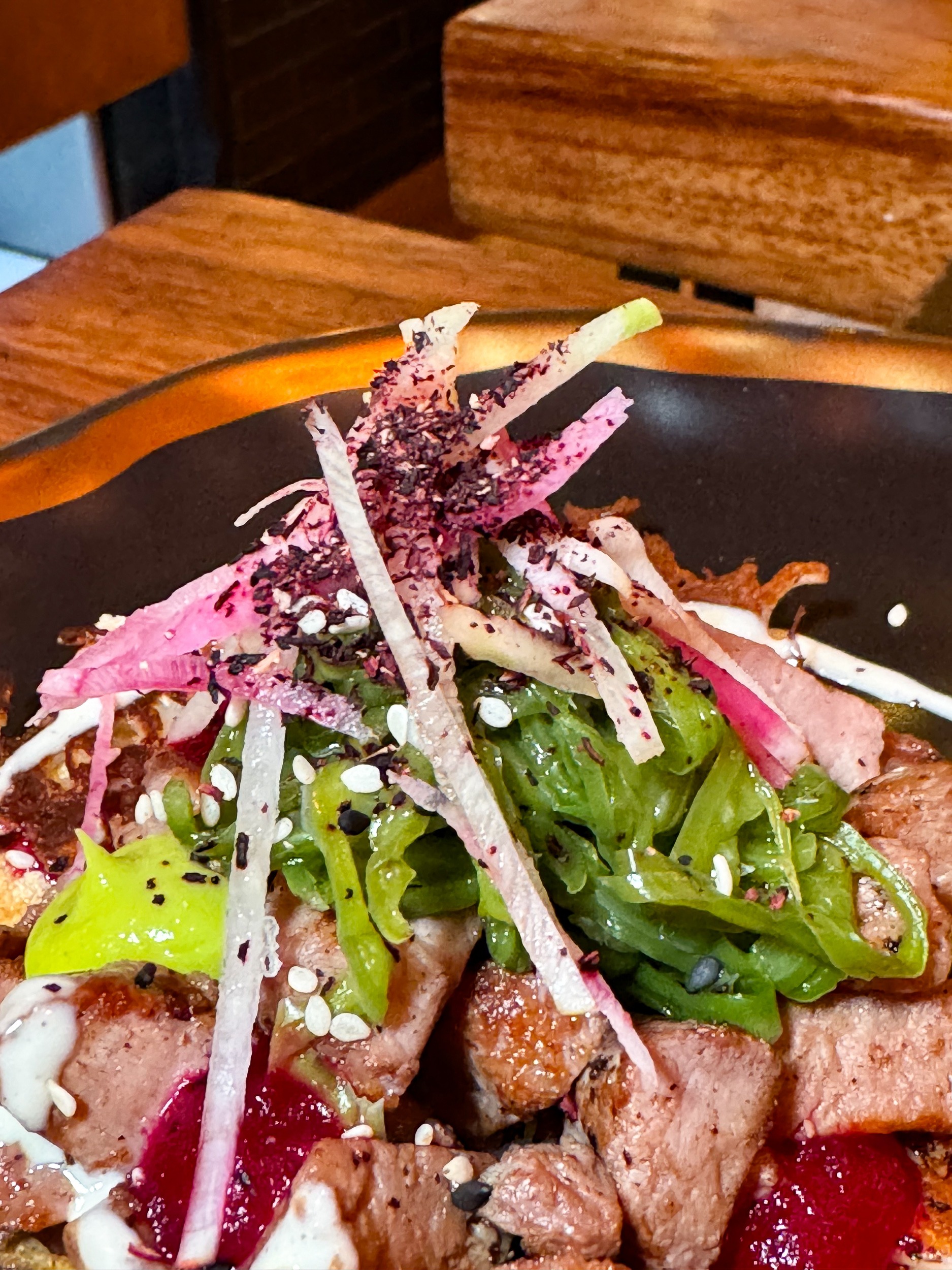 Tostada Flank Steak w refried beans Mezcal & Sal Puerto Vallarta