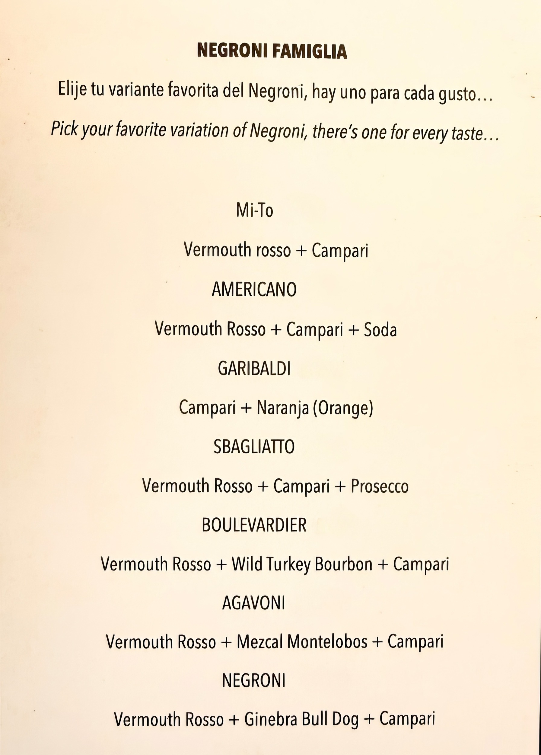 La Terrazza di Roma Negroni Menu